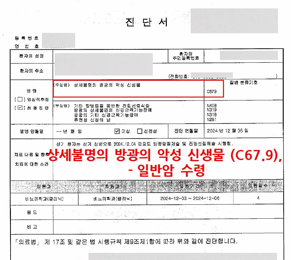 상세불명의 방광의 악성 신생물(C67.9), - 일반암 수령