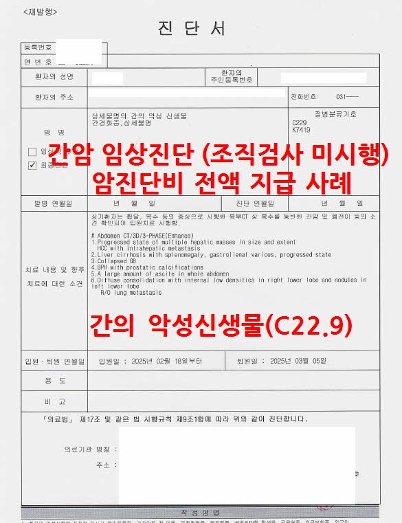 간의 악성신생물(C22.9)  간암 임상진단(조직검사 미시행), 암진단비 전액 지급 사례
